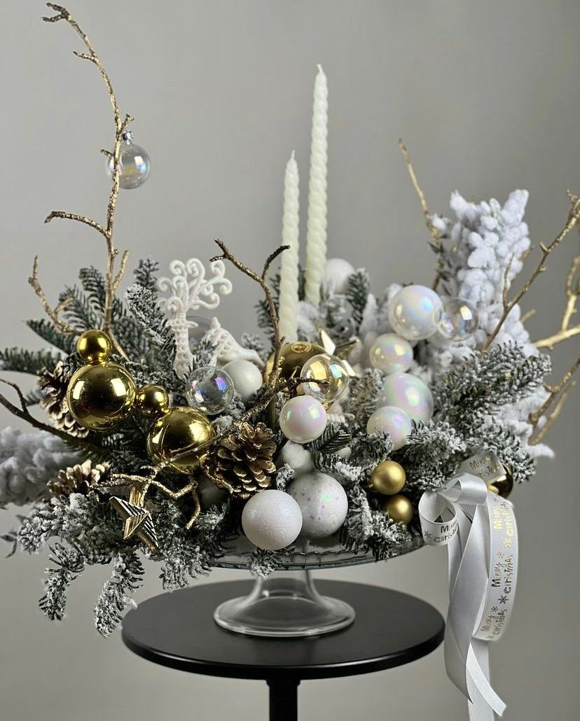 White Christmas Centerpiece with Candles