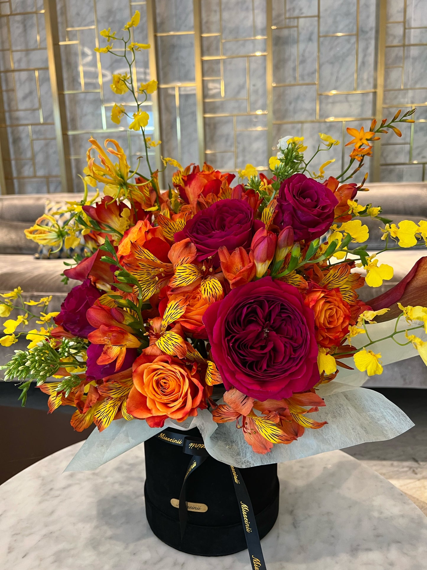 Eleanor - Orange Purple Garden Rose Freesia Bouquet