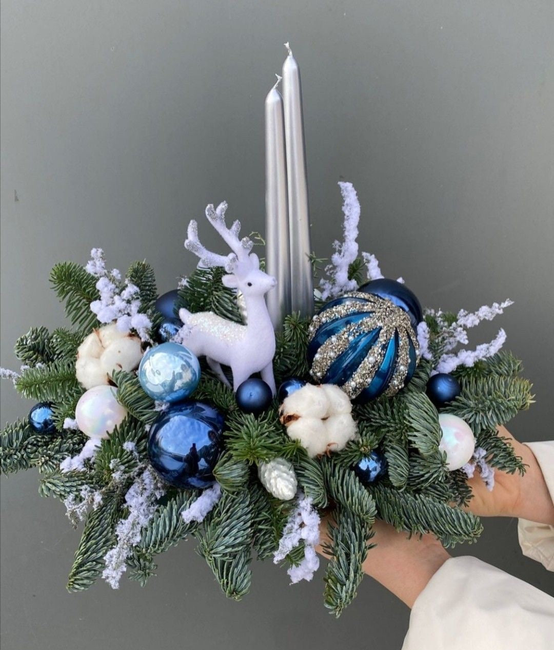 Blue Christmas Centerpiece with Candles