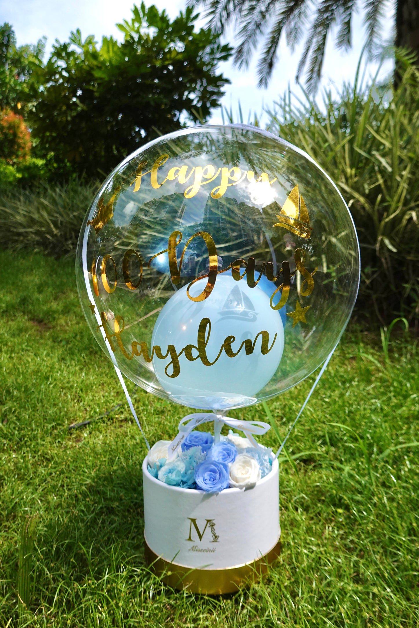 Preserved Rose Flower Box with Balloon - Blue