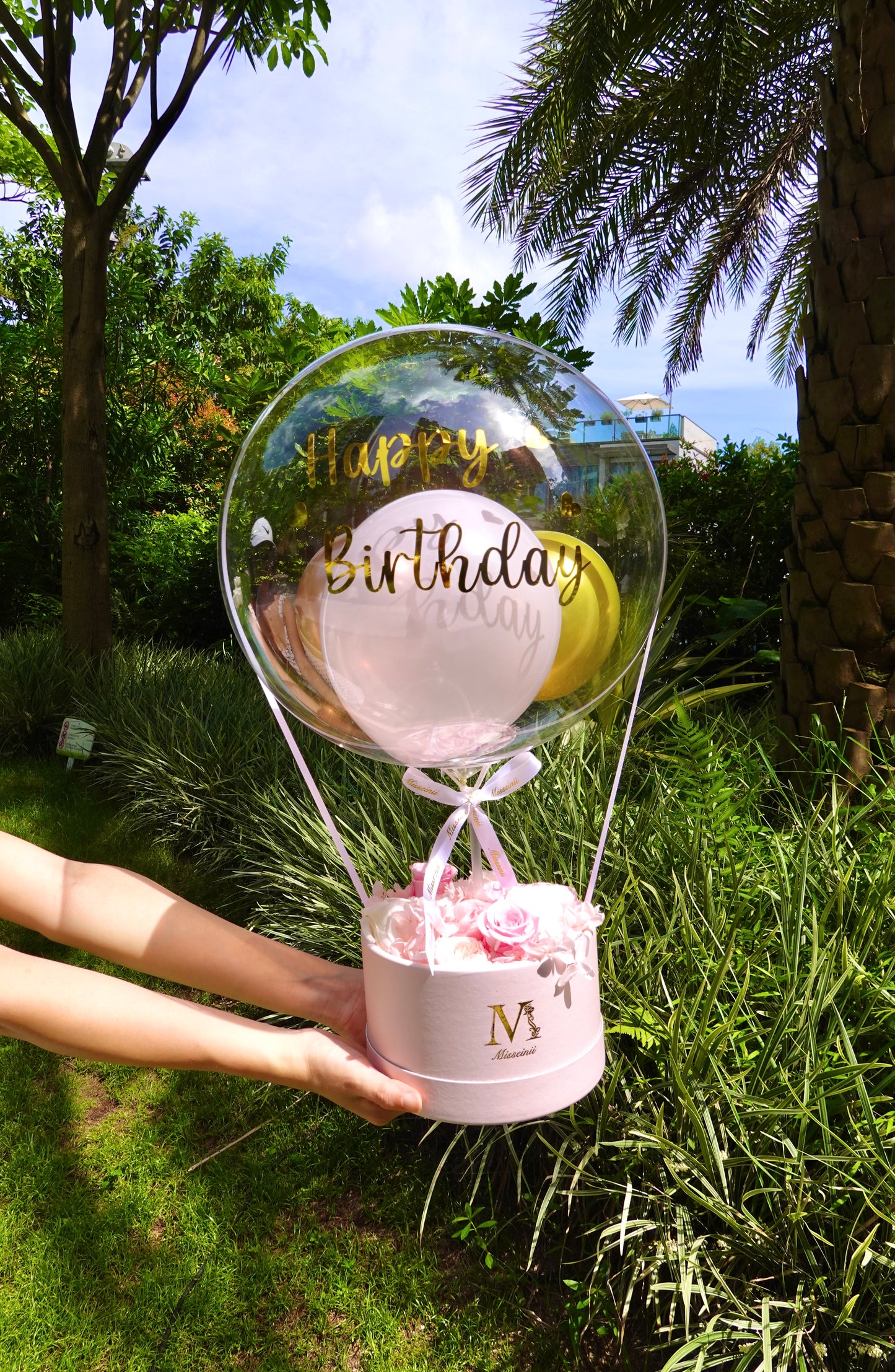Preserved Rose Flower Box with Balloon - Pink