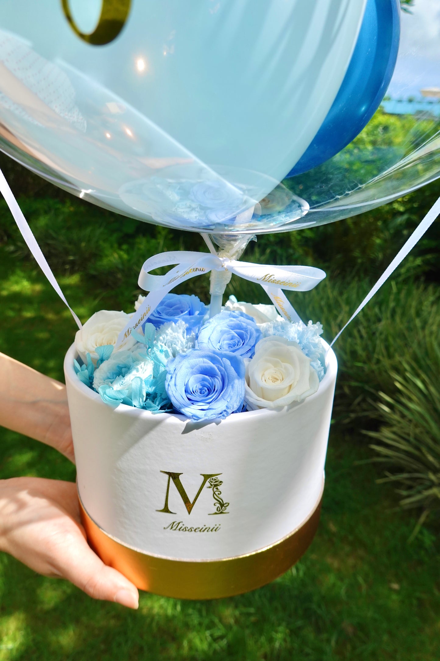 Preserved Rose Flower Box with Balloon - Blue