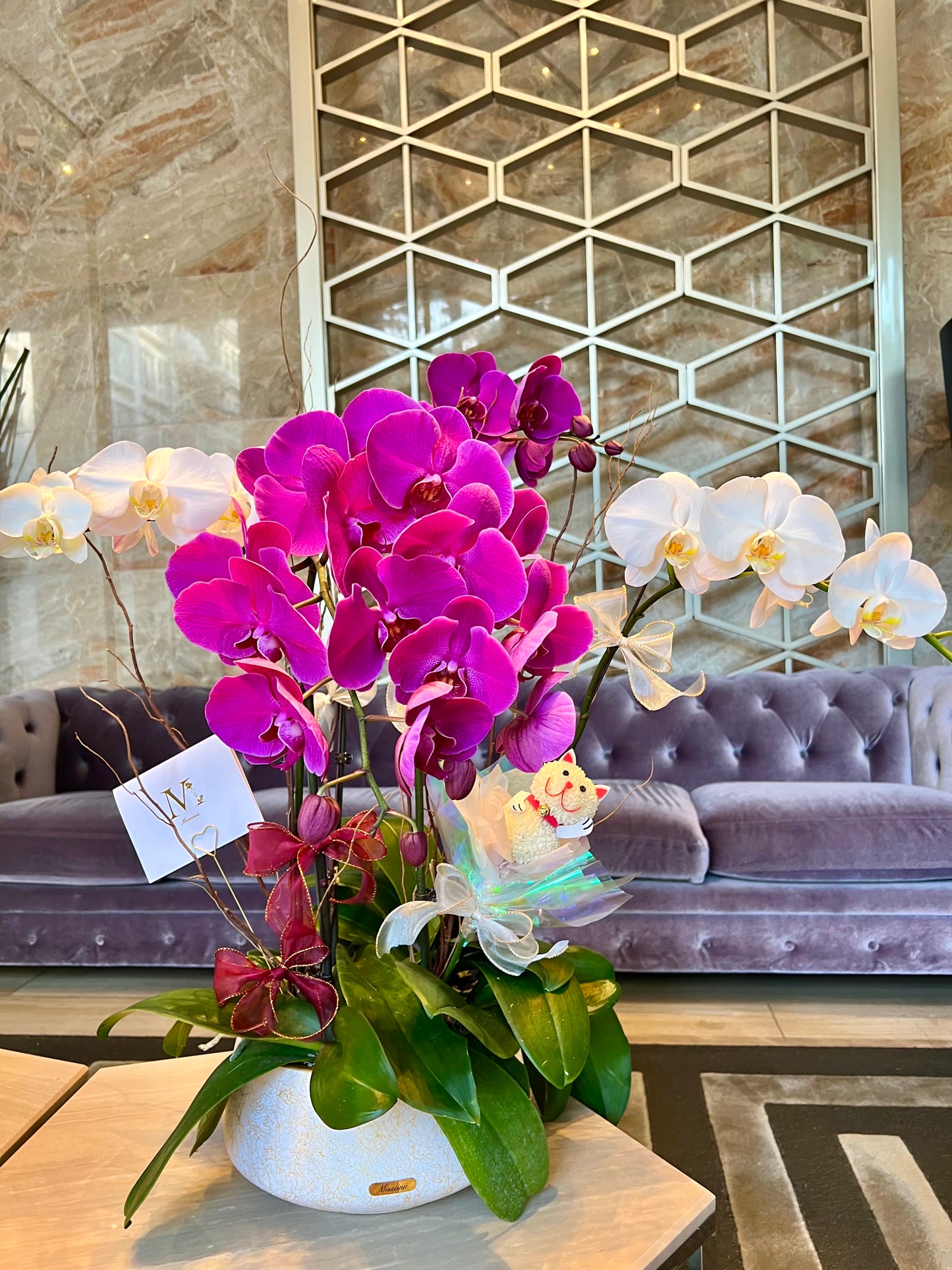 Phalaenopsis Orchids with Handmade Lucky Cat (5 or 6 Stems)