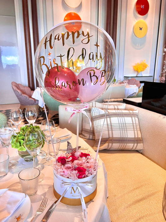 Preserved Rose Flower Box with Balloon - Barbie Pink Mix