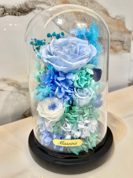 Blue Preserved Rose in Glass