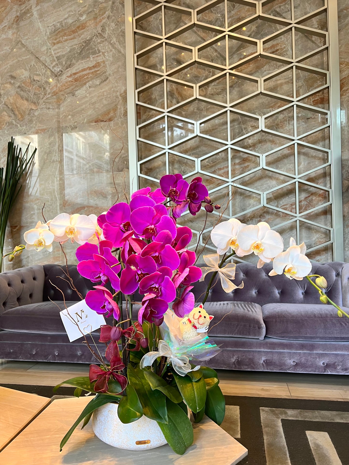Phalaenopsis Orchids with Handmade Lucky Cat (5 or 6 Stems)