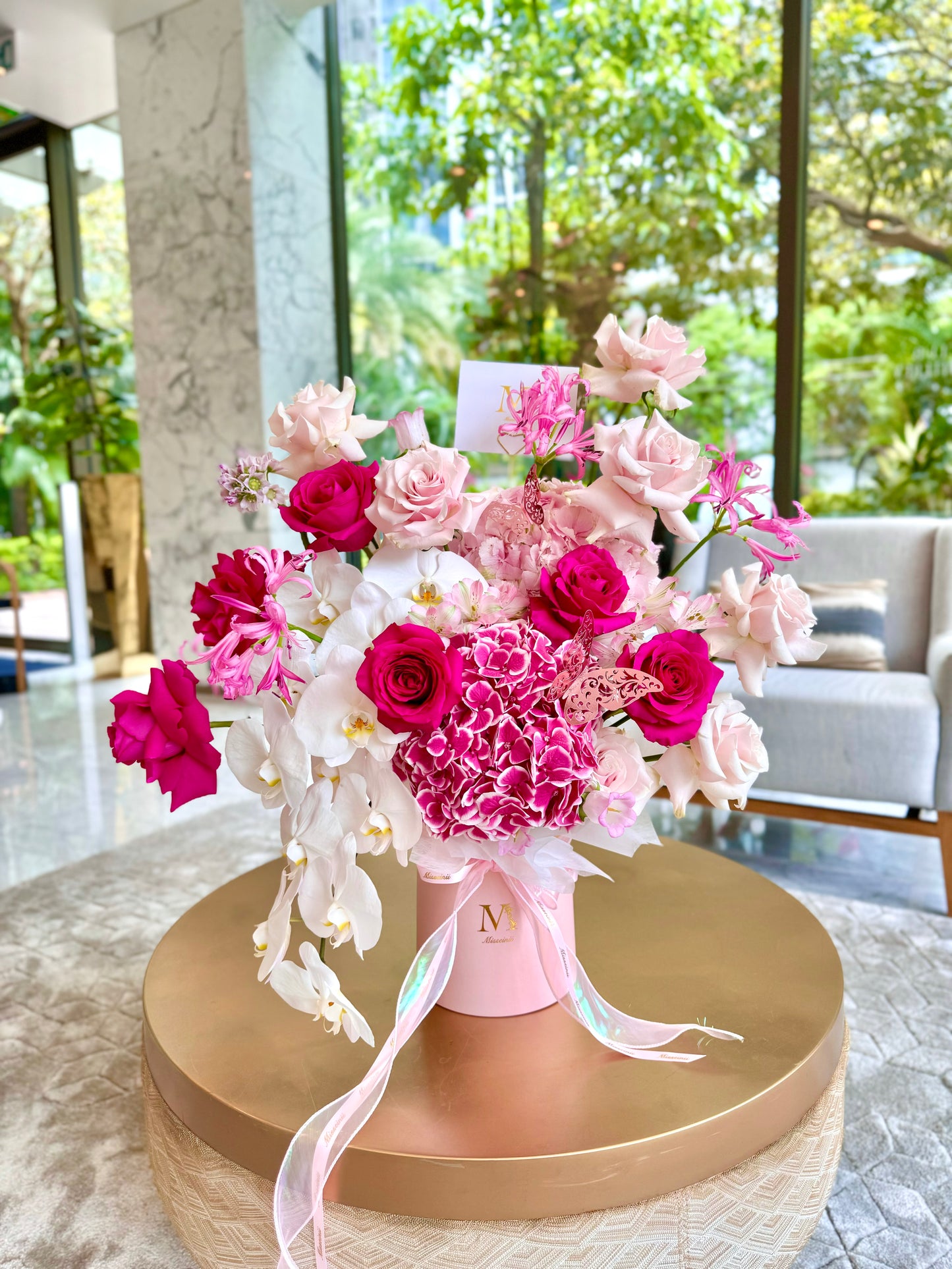 Barbie Girl - Hot Pink Ecuadorian Roses, Dutch Hydrangeas & White Orchids