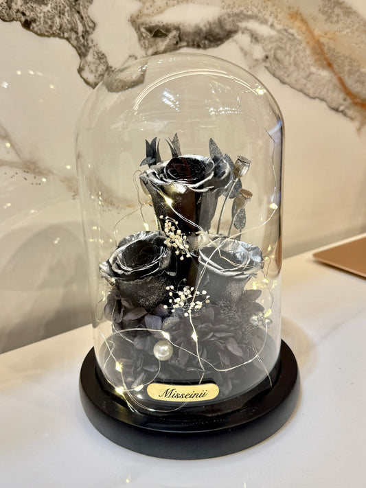 Black Preserved Roses in Glass Cloche