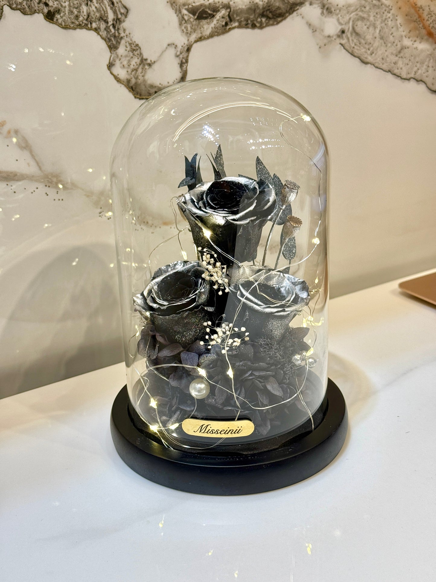 Black Preserved Roses in Glass Cloche