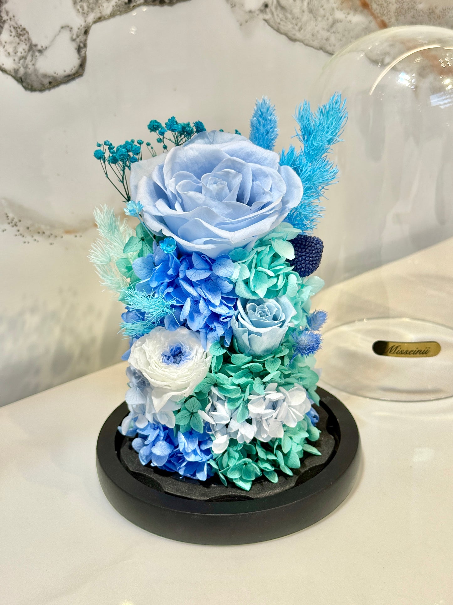 Blue Preserved Rose in Glass
