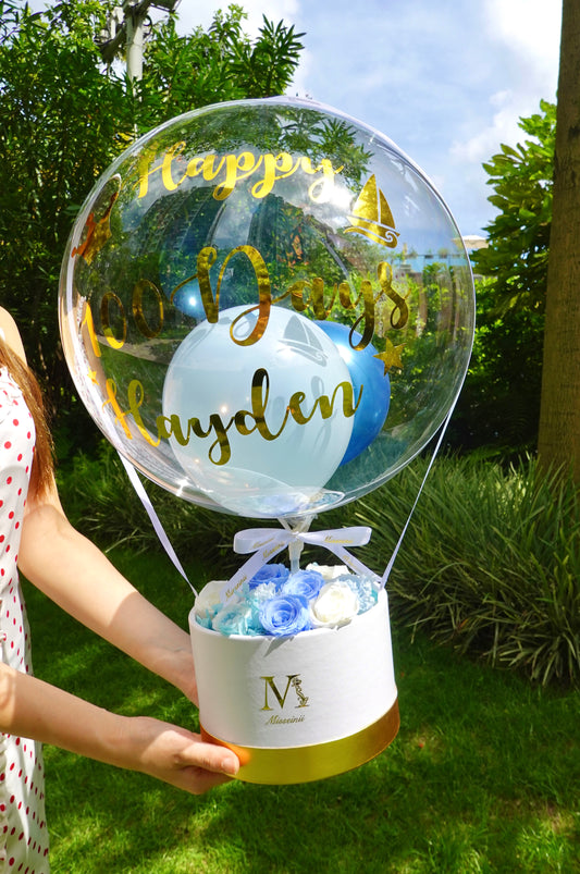 Preserved Rose Flower Box with Balloon - Blue