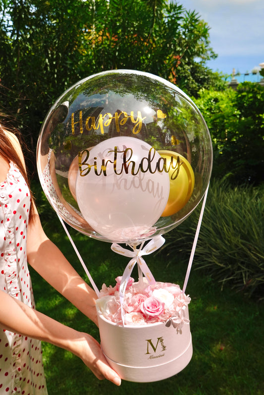 Preserved Rose Flower Box with Balloon - Pink